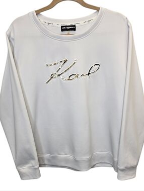 Karl Lagerfeld Women's L White Crewneck Gold Script Signature Logo Sweatshirt